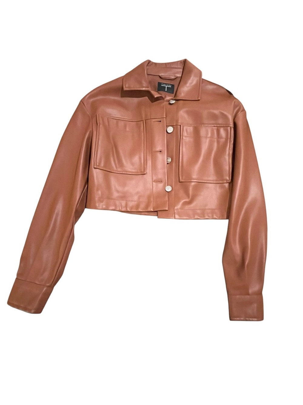 Tahari Cropped Leather Jacket in Cognac Brown